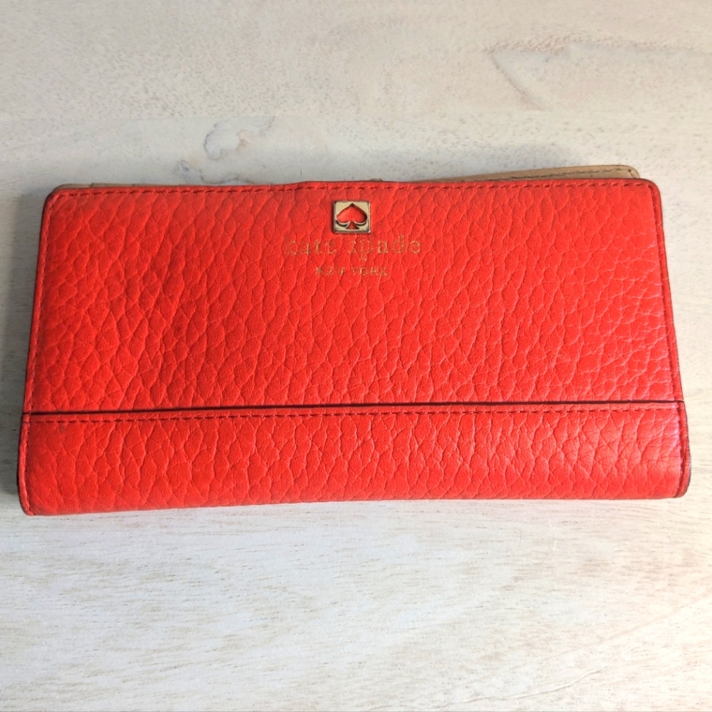 Kate Spade Orange Leather Wallet 6.75" Long Bifold Snap Closure Minor Wear